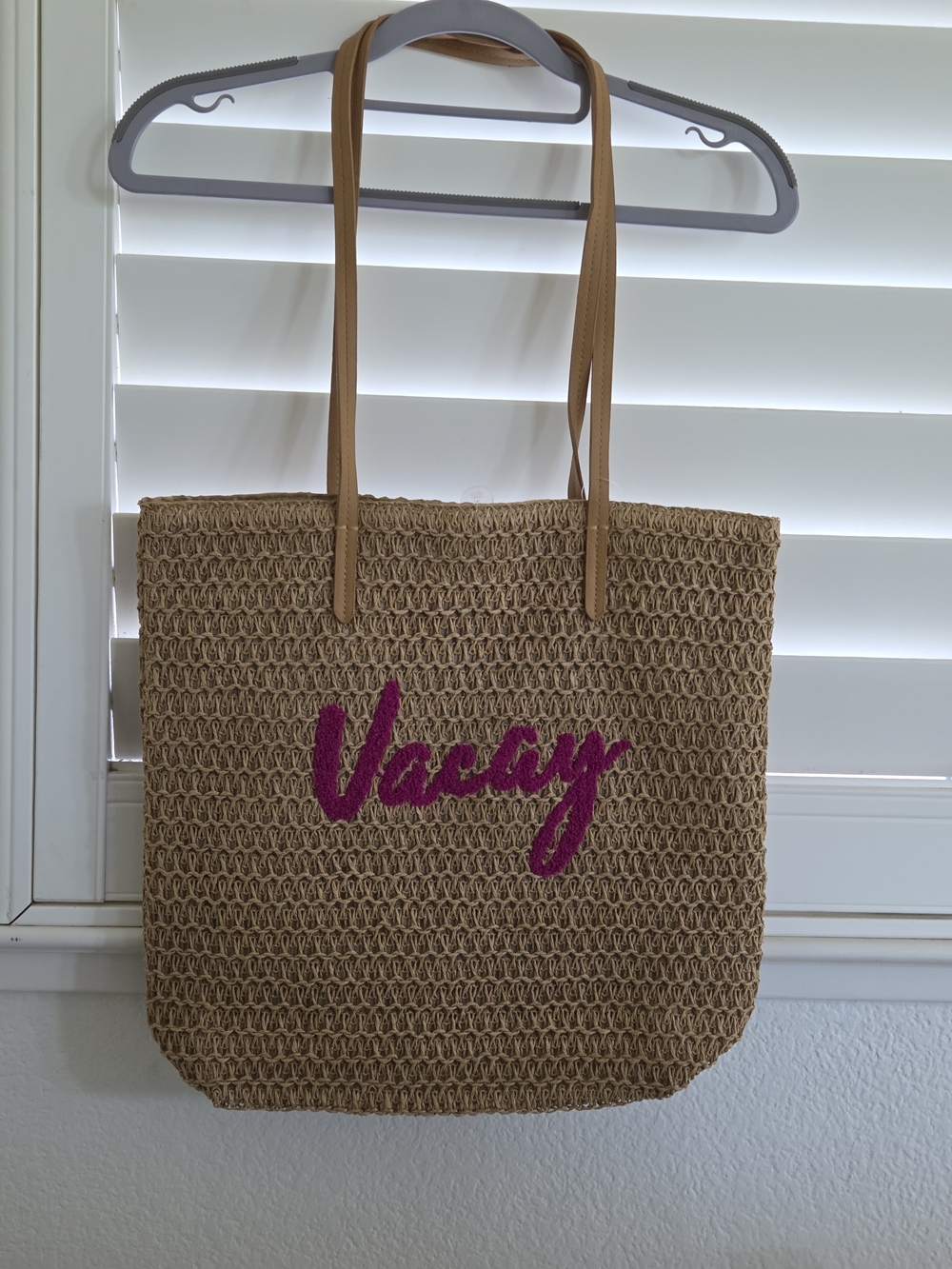 Time and Tru Tan Straw Tote with Pink 'Vacay' Script